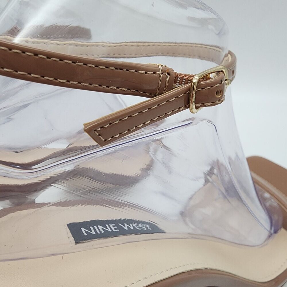 Nine Wester Patent Leather Heeled Sandals Size 9.5 Beige Square Open Toe Neutral - Picture 6 of 7